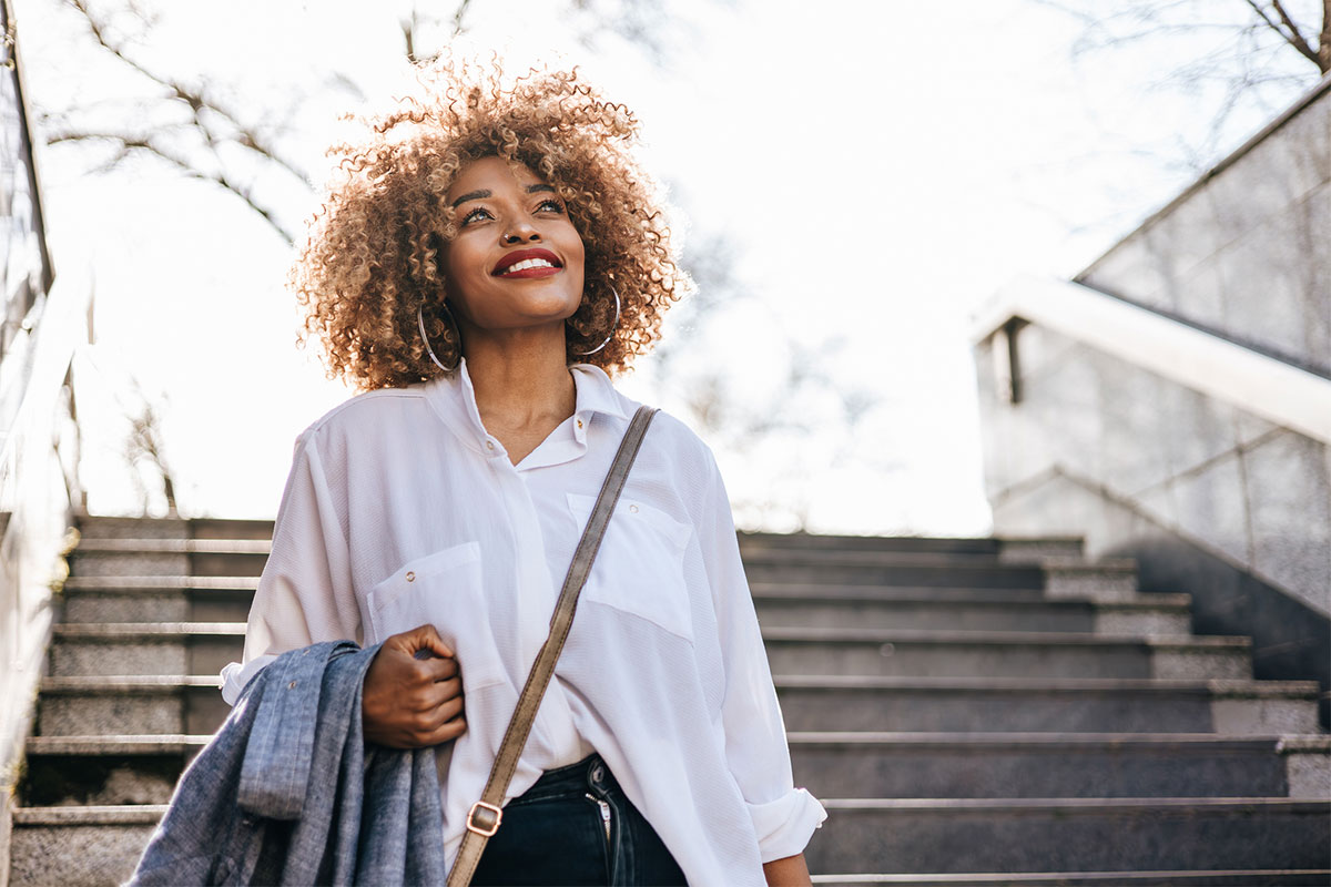 A woman looking happy after SkinPen microneedling in Charlotte, NC